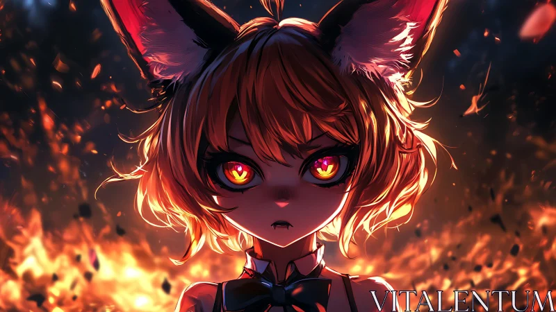 Foxfire gaze carves molten halos through the falling embers