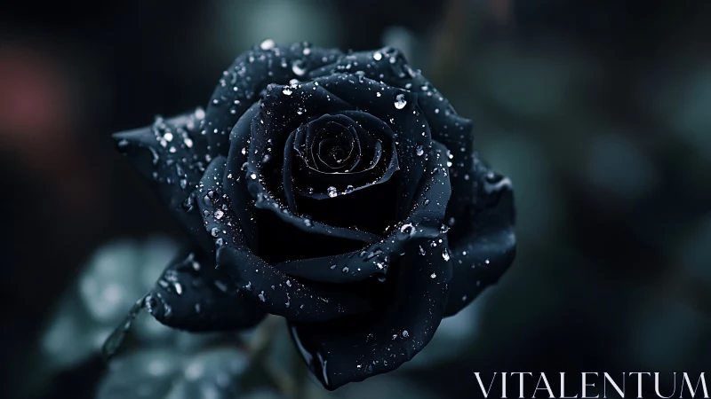 Close-up of dark black rose with raindrops on petals.
