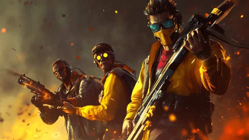 Masked fireline vanguard stalking through the burning dusk.