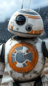 Weathered spherical droid portrait with orange paneling.