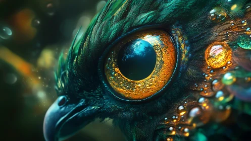 Surreal close-up of bird’s eye with vibrant feathers and fantasy lighting.