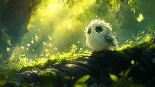 Adorable Fluffy Owl in Sunlit Forest, Whimsical Digital Art.