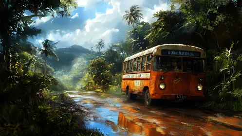 Old orange bus moves along wet jungle road after rain
