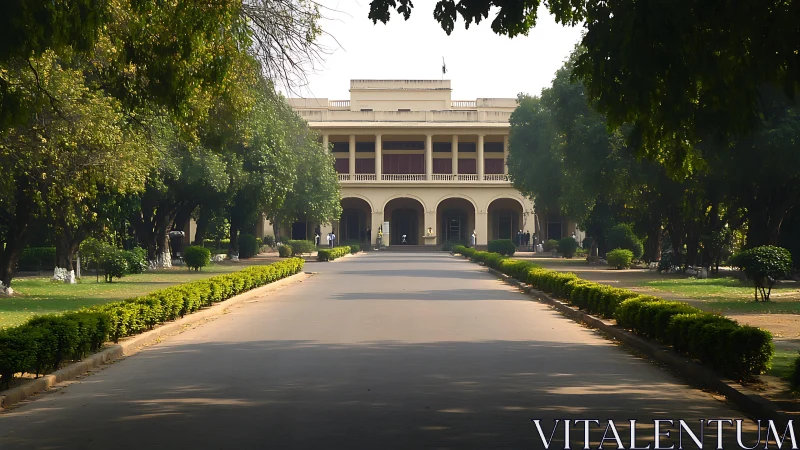 Neoclassical academic building framed by symmetrical tree-lined drive