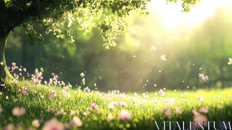 Soft morning sunlight dances across a peaceful flower meadow