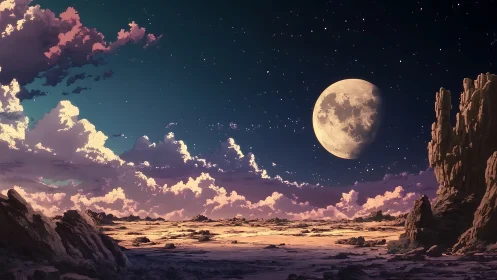 Moonlit alien desert under vivid nebula clouds at dusk.