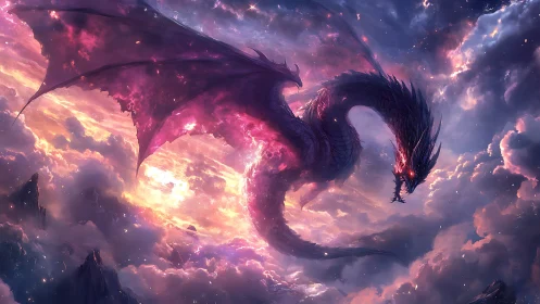 Nebula-winged star dragon coiling through twilight clouds.