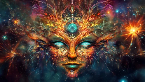 Celestial spirit face glowing with swirling cosmic colors.