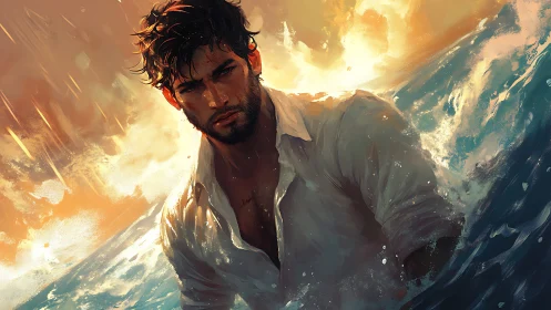 Digital painting of stormlit man emerging from turbulent sea.