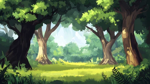 Forest Glade with Ancient Trees. Sunlit Natural Clearing.