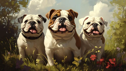 Triad of joyful bulldogs in painterly meadow sunlight.