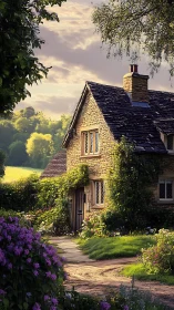 Sunlit stone cottage nestles in lush blooming countryside garden.