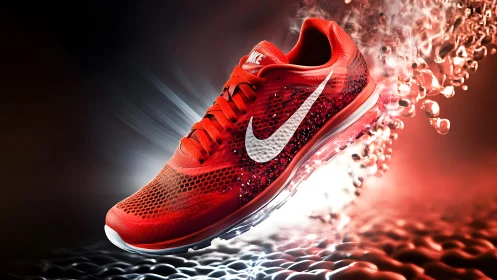 Vibrant red Nike running shoe with dynamic digital effects.
