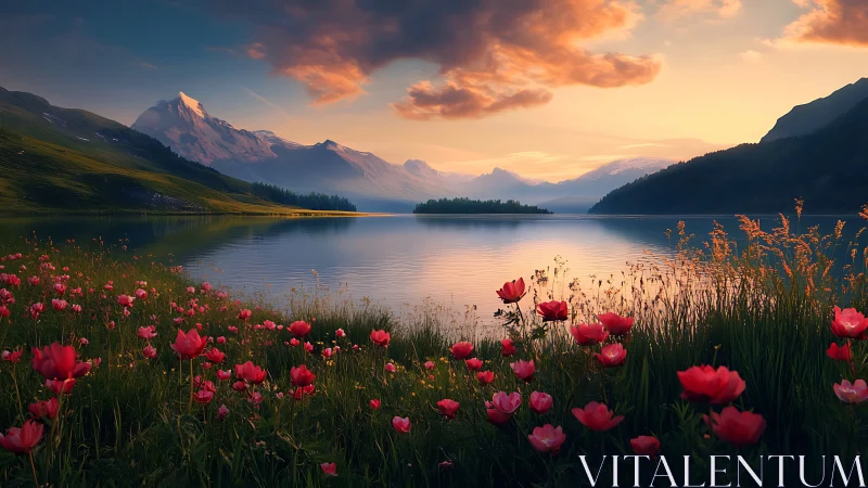 Sunset-lit alpine lake with foreground wildflowers and receding peaks