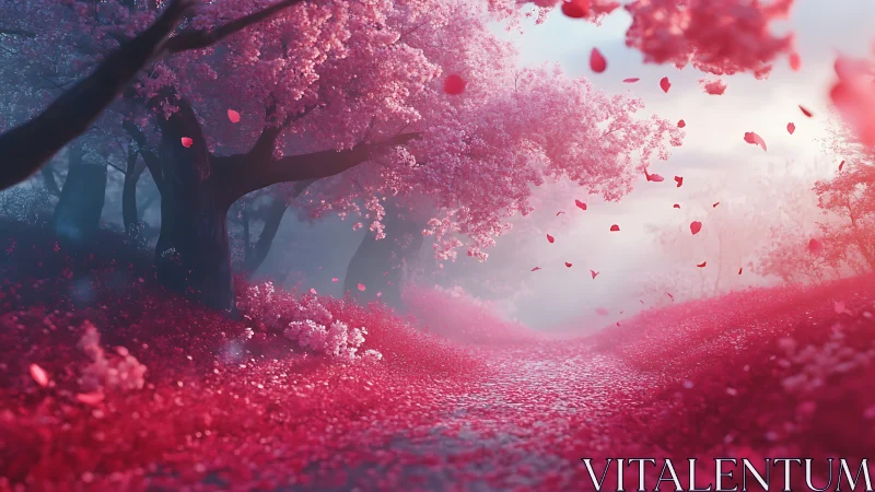 Pink blossom forest path under falling petals at dusk.
