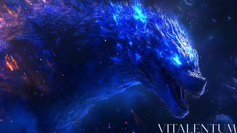 Blue bioluminescent kaiju profile in dark cosmic space.