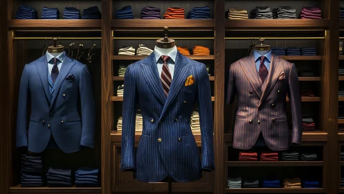 Luxury Men's Suit Display in Wooden Retail Cabinets.