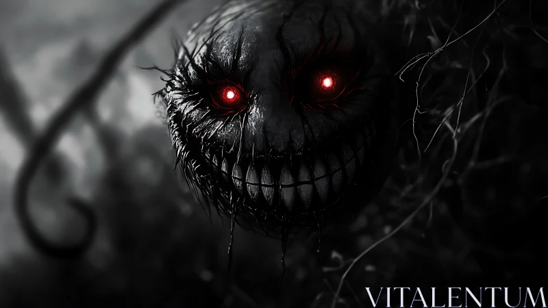 Sinister grinning void creature with glowing red eyes.