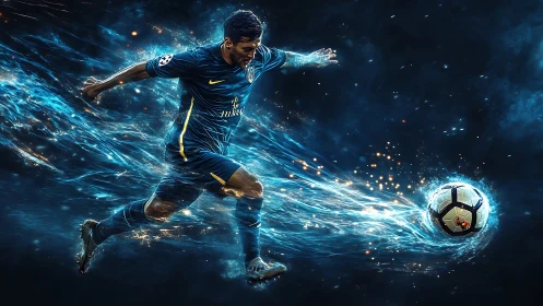 Digital rendering of soccer player striking ball in motion.