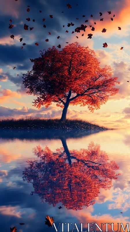 Autumn maple on islet mirrored in serene twilight lake.
