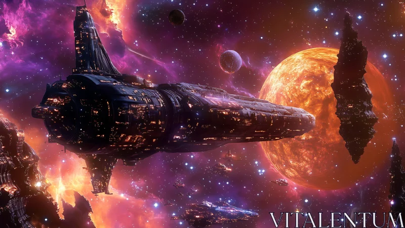 Starlit dreadnought glides past blazing suns and shards.