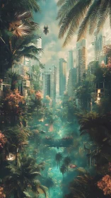 Futuristic eco-metropolis rendered as mist-laden jungle canyon