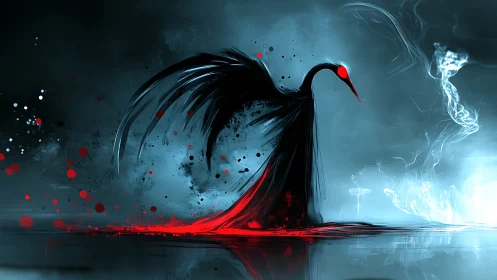 Abstract crimson heron emerges from vaporous cyan void