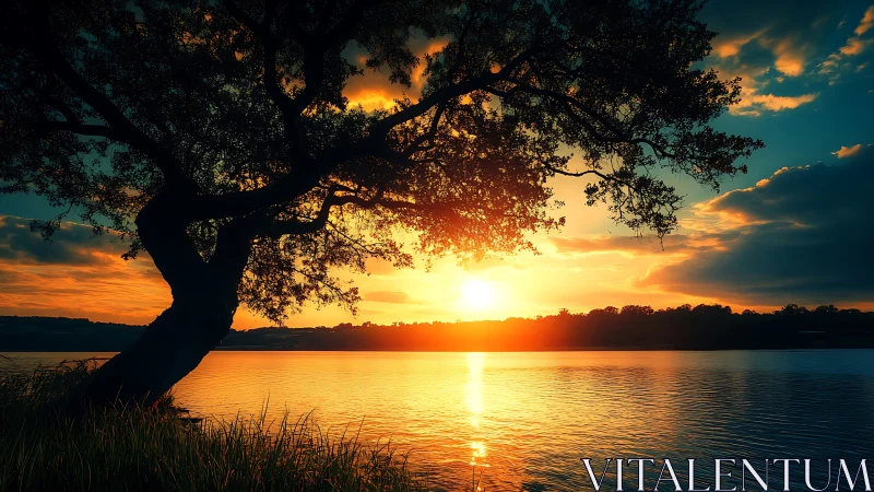 Silhouetted lakeside tree against vivid orange sunset sky.