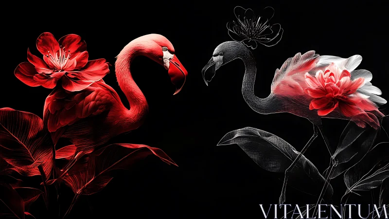Flamingos with Flowers Against Black Background.