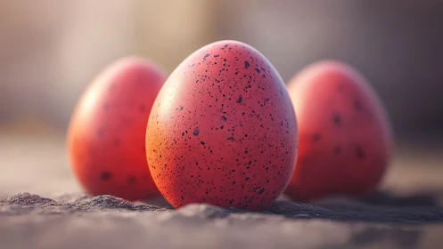 Three red speckled eggs in shallow depth of field setting.