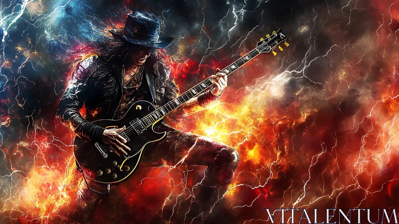 Electrified rock guitarist shredding in molten stormscape.
