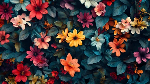 Vibrant floral composition with layered blooms on dark teal background.