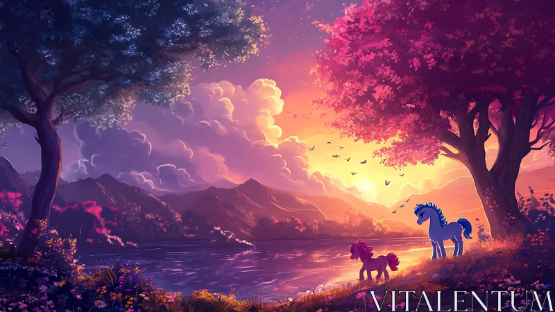 Fantasy ponies under glowing sunset by lakeside landscape.