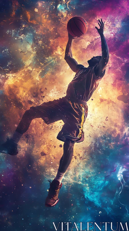 Digital painting of cosmic basketball dunk in nebula field.