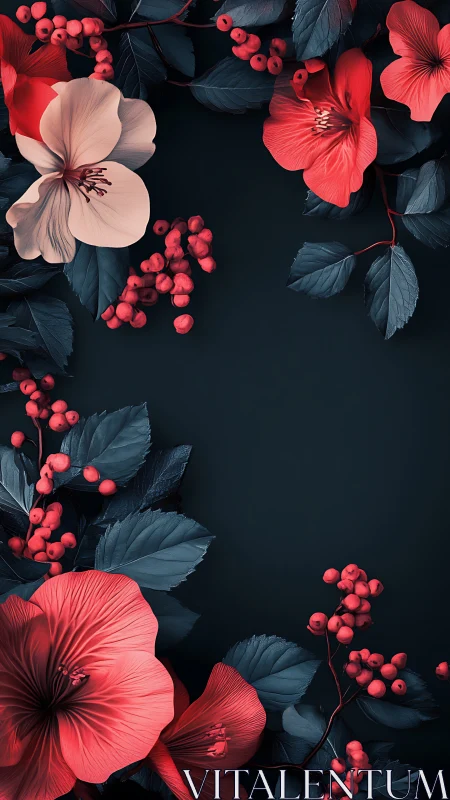 Coral Hibiscus and Rowan Berries Against Dark Background