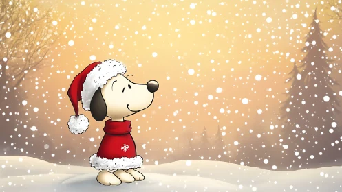 Cartoon dog in Santa outfit under gentle winter snowfall.