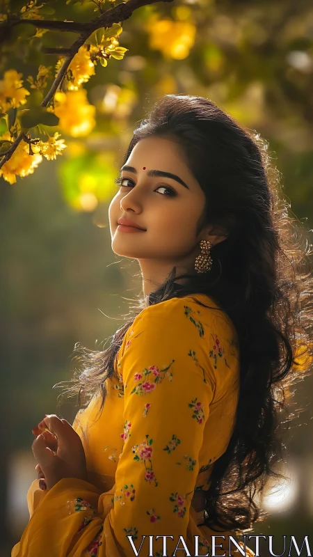 Sunlit girl in yellow dress smiling under gentle blossoms.