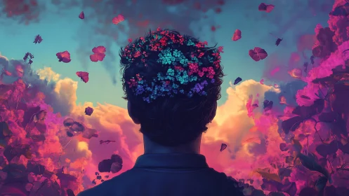 Silhouetted dreamer contemplates surreal floral sky