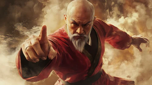 Dynamic martial arts master in forward thrust pose, vapor cloud backdrop.