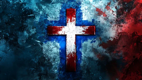 Textured tricolor cross on abstract distressed digital field.