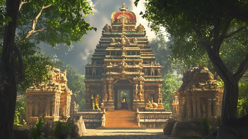Sunlit jungle temple with intricate stone carvings