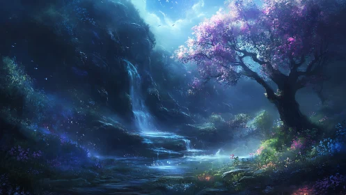Enchanted forest cascade illuminates a luminous blossom tree