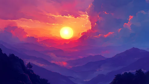 Sun descends over stratified mountain ranges under clouds