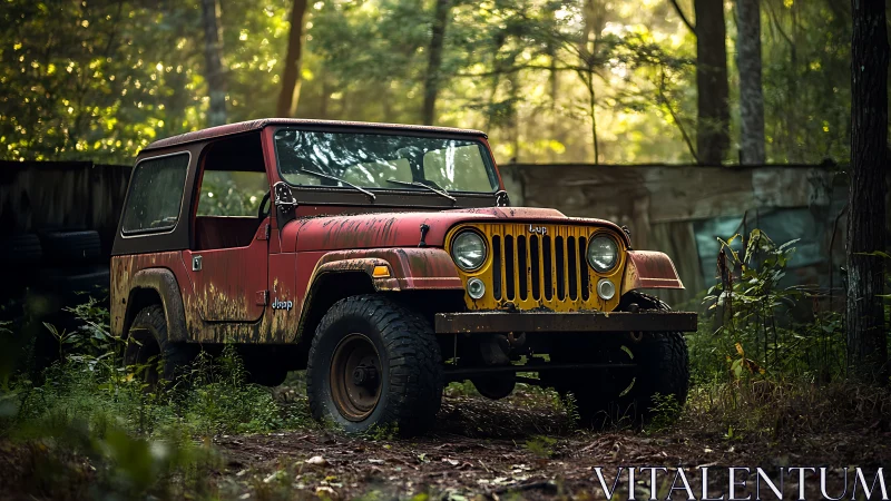 Weathered off-road Jeep in forest clearing under diffused backlight