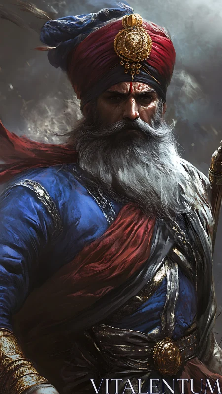 Bearded turbaned warrior in ornate blue red garments portrait.