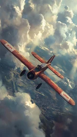 Rust-red vintage monoplane banking above sunlit cumulus cloudfields.