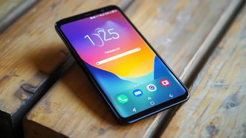 Smartphone on wood surface displaying colorful gradient lock screen.