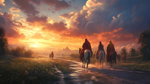 Riders cross glowing meadow path under storm-lit sunset sky