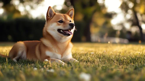 Small tan dog lies on grass in shallow depth-of-field park