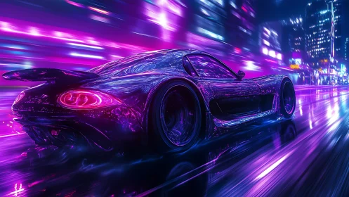 Neon cyberpunk supercar racing through futuristic city night.